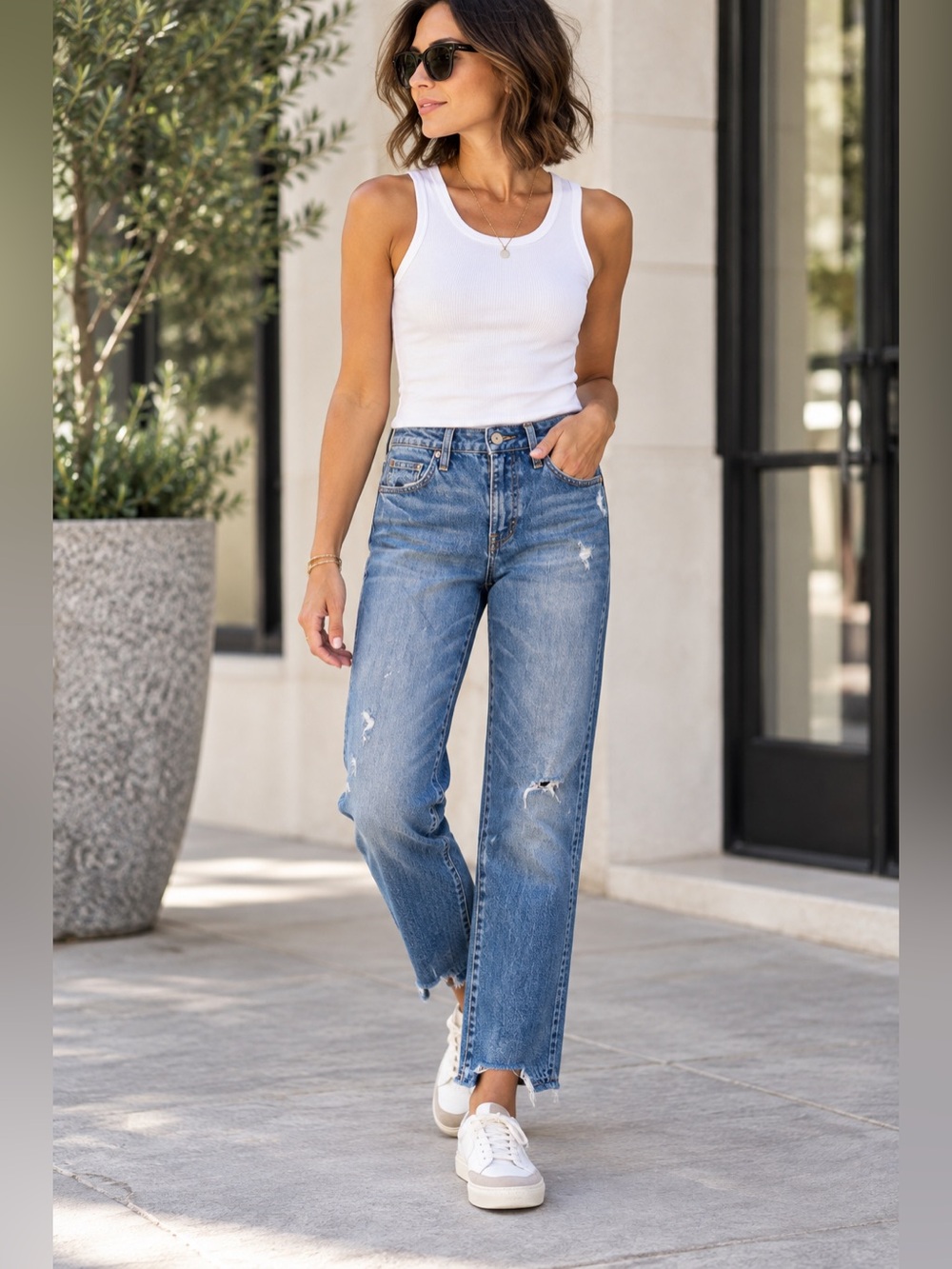 AMO Jan Old School Straight Leg Jeans Distressed Raw Hem Blue Size 24